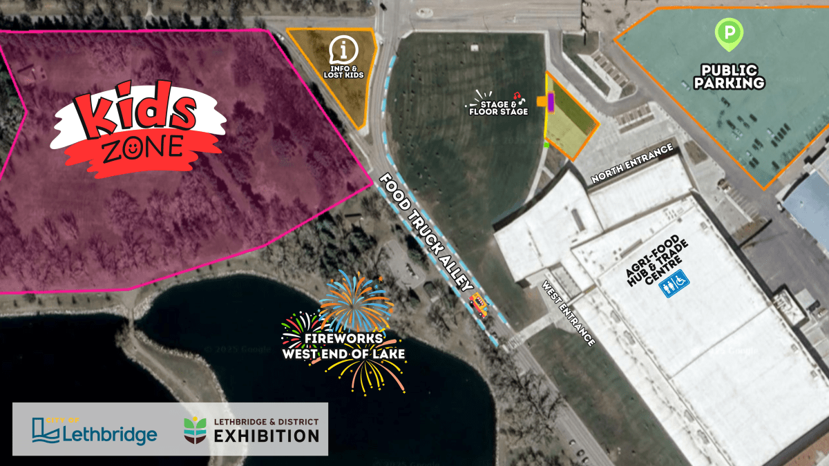 A map showing where events are for Canada Day in Lethbridge.