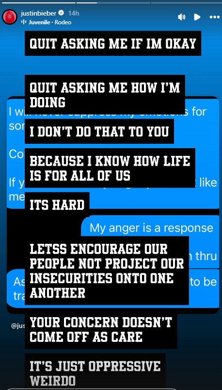 A screenshot of Justin Bieber's Instagram Stories.