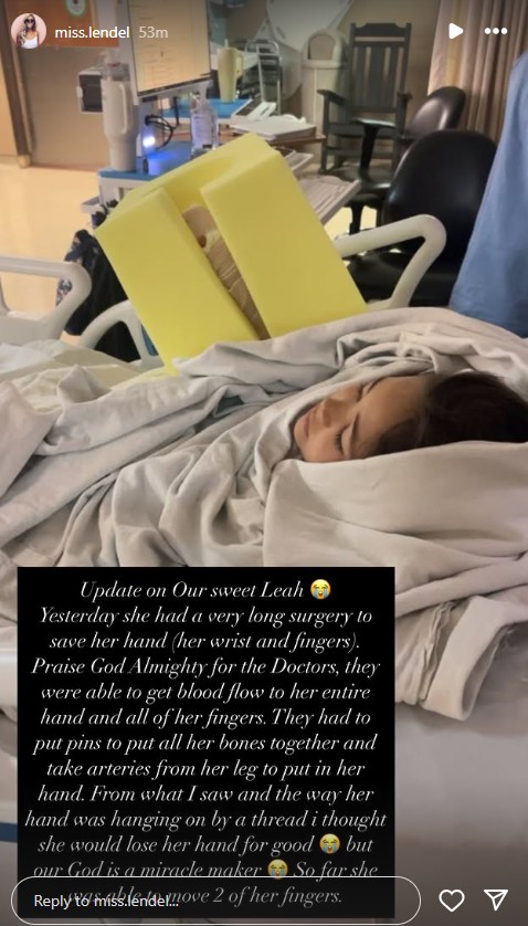 An update about Leah Lendel's injuries, shared by her mother on Instagram.