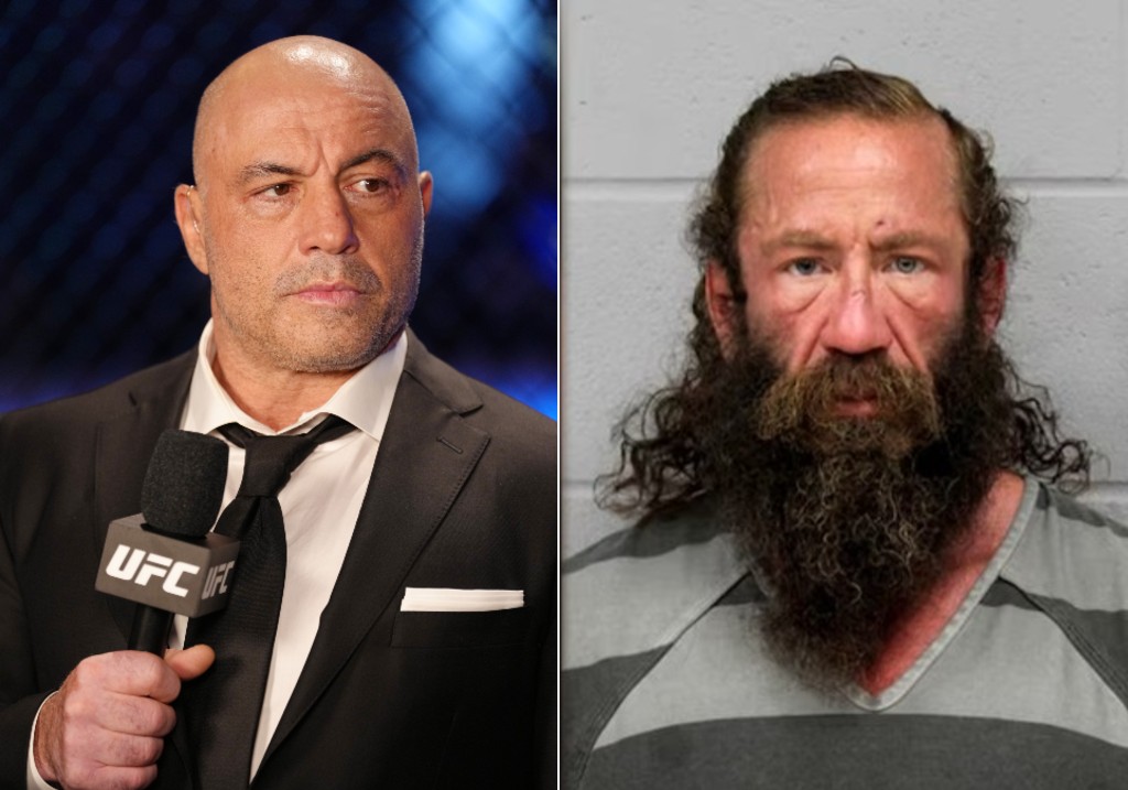 (L-R:) Joe Rogan at UFC 276 event on July 2, 2022 and Brian Thompson, who is known as Liver King on social media, arrested at the Austin Police Department.
