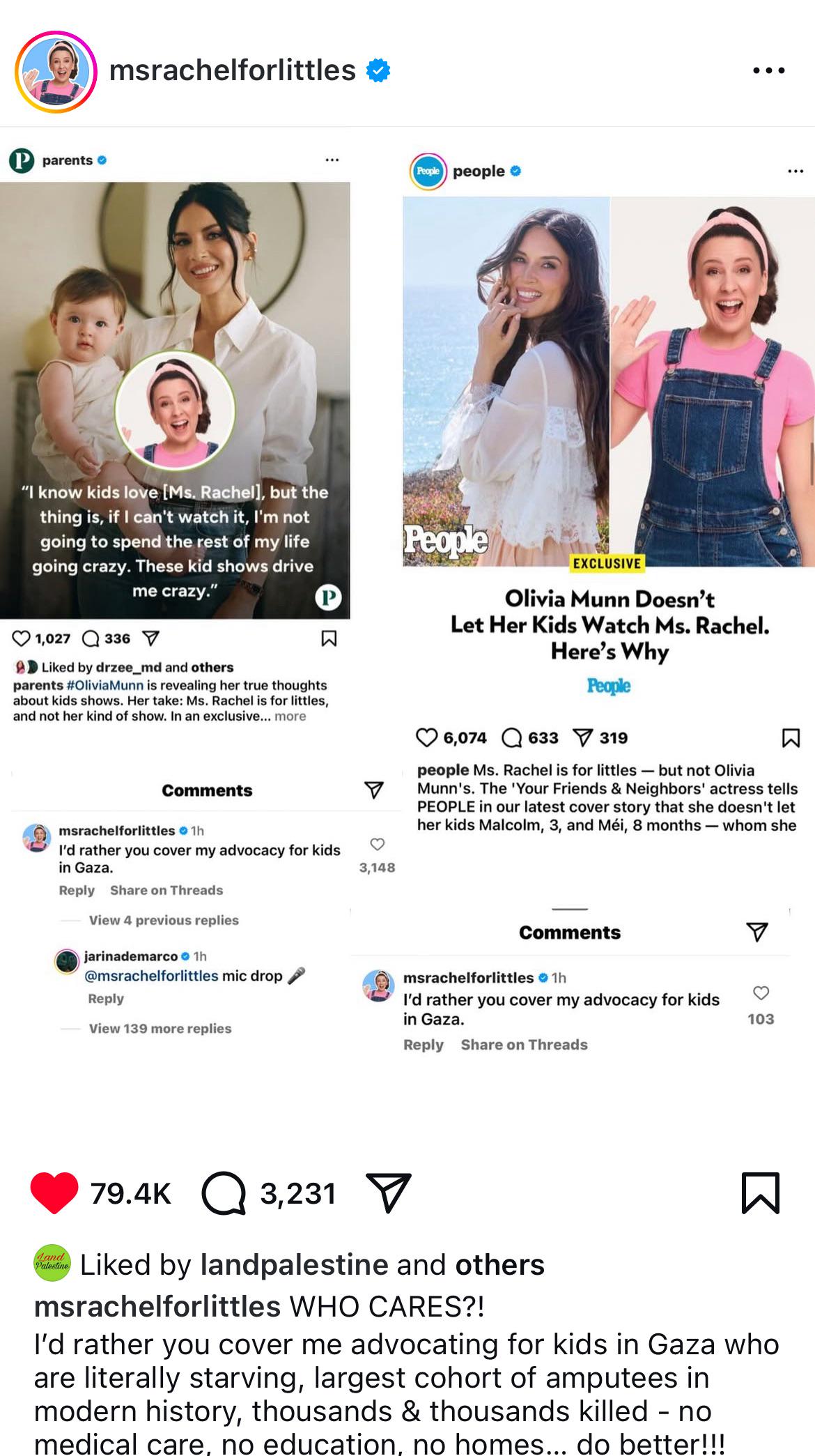 A screenshot of Ms. Rachel's response to Olivia Munn's comments.