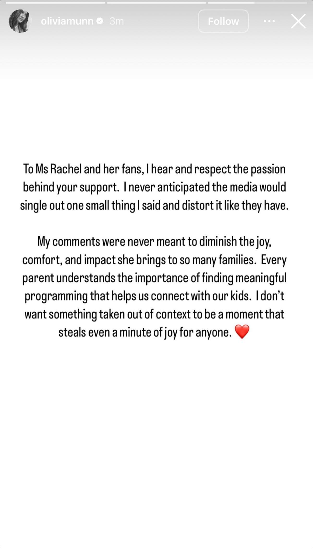 A screenshot of Olivia Munn's Instagram Stories.