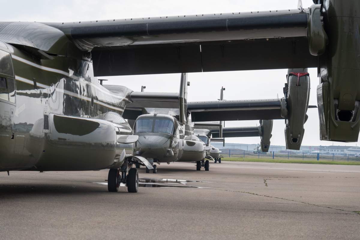 Several V-22 Osprey, tilt rotor aircraft are seen on the runway at Calgary International Airport following their arrival ahead of the start of the G7 summit in nearby Kananaskis.