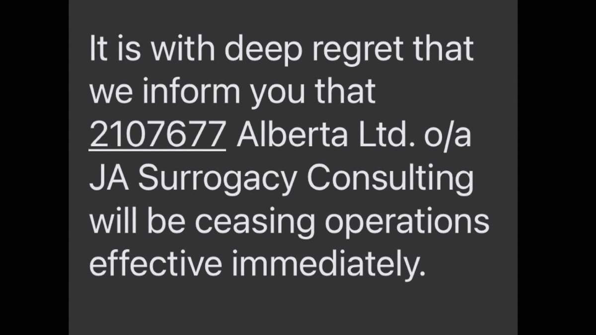 A recent email that was sent to a couple in Europe that had hired JA Surrogacy to help them find a surrogate parent, said the company had ceased operations for financial reasons.