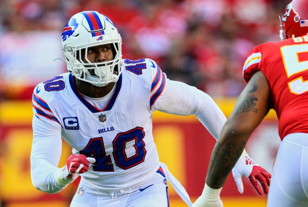 FILE – Buffalo Bills linebacker Von Miller (40) rushes against Kansas City Chiefs offensive tackle Orlando Brown Jr. (57) during the first half during an NFL football game, Sunday, Oct. 16, 2022 in Kansas City, Mo. (AP Photo/Reed Hoffmann, File)