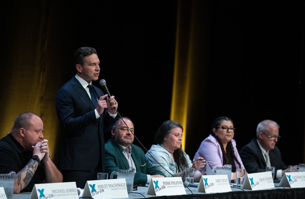 Conservative Party of Canada candidate Pierre Poilievre speaks during the Battle RiverÐCrowfoot byelection candidate forum in Camrose, Alta. on Tuesday, July 29, 2025.