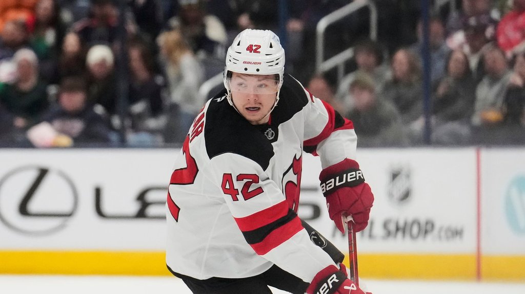New Jersey Devils forward Curtis Lazar is seen during an NHL hockey game against the Blue Jackets in Columbus on Monday, March 17, 2025.