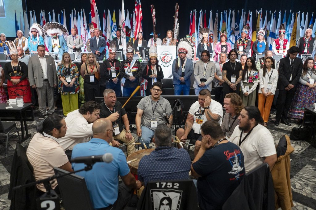 The Eastern Eagles Mi'kmaq drumming group performs at the beginning of the Assembly of First Nations annual general assembly in Halifax on Tuesday, July 11, 2023. THE CANADIAN PRESS/Darren Calabrese.