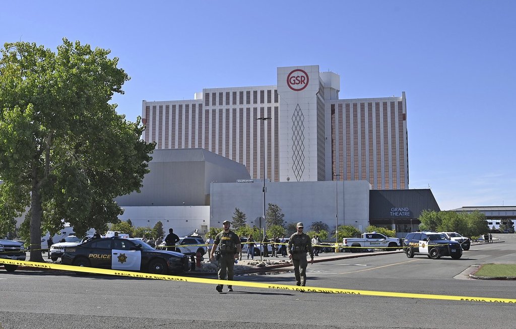 Police respond to a shooting outside the Grand Sierra Resort in Reno, Nev., Monday, July 28, 2025. 
