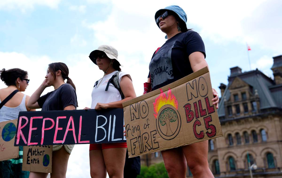 People rally against Bill C-5 on Parliament Hill in Ottawa, on Tuesday, June 17, 2025.