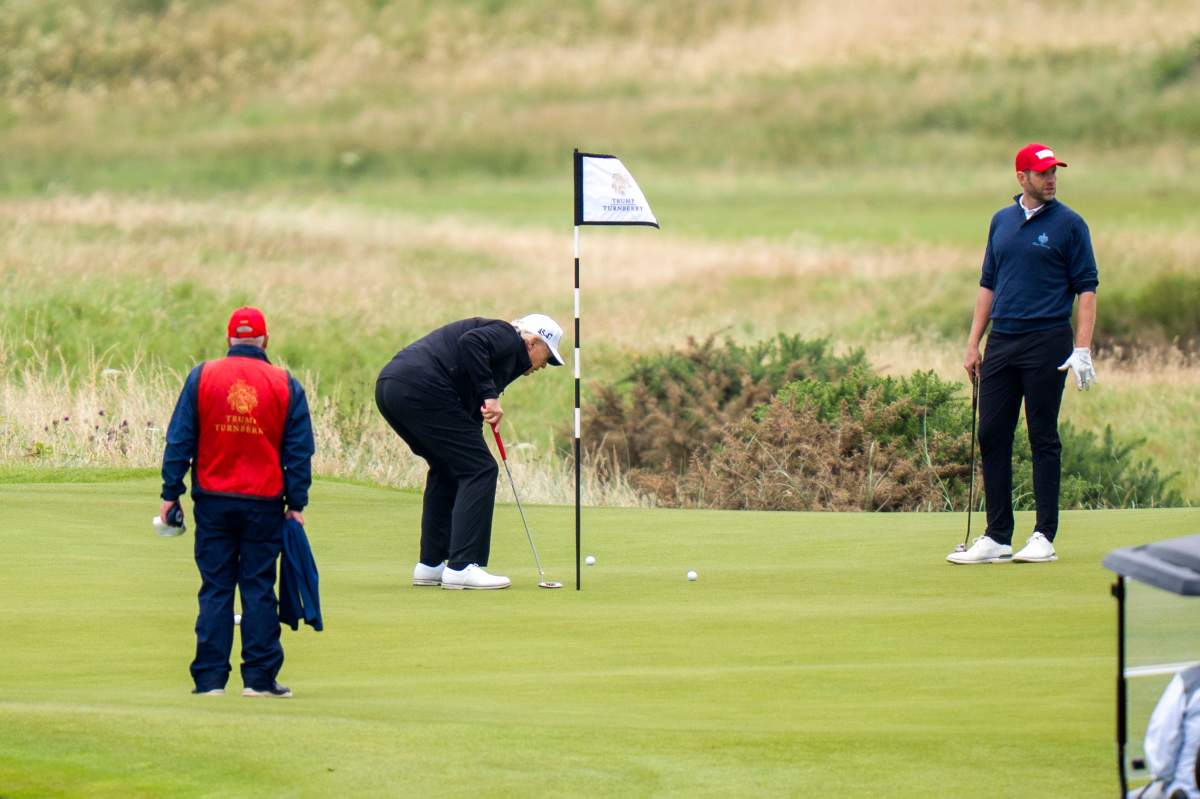 US President Donald Trump plays golf at his Trump Turnberry golf course in South Ayrshire, during his five-day private trip to the country. Picture date: Sunday July 27, 2025. (PA Photo: Jane Barlow/PA Wire)
