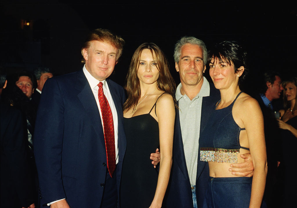 From left, American real estate developer Donald Trump and his girlfriend (and future wife), former model Melania Knauss, financier (and future convicted sex offender) Jeffrey Epstein, and British socialite Ghislaine Maxwell pose together at the Mar-a-Lago club, Palm Beach, Florida, February 12, 2000.