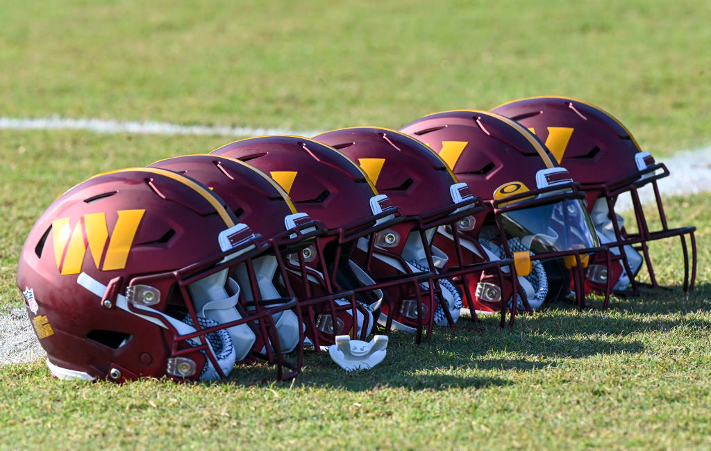 The Washington Commanders new logo on the helmets during OTA On-Field Practice.