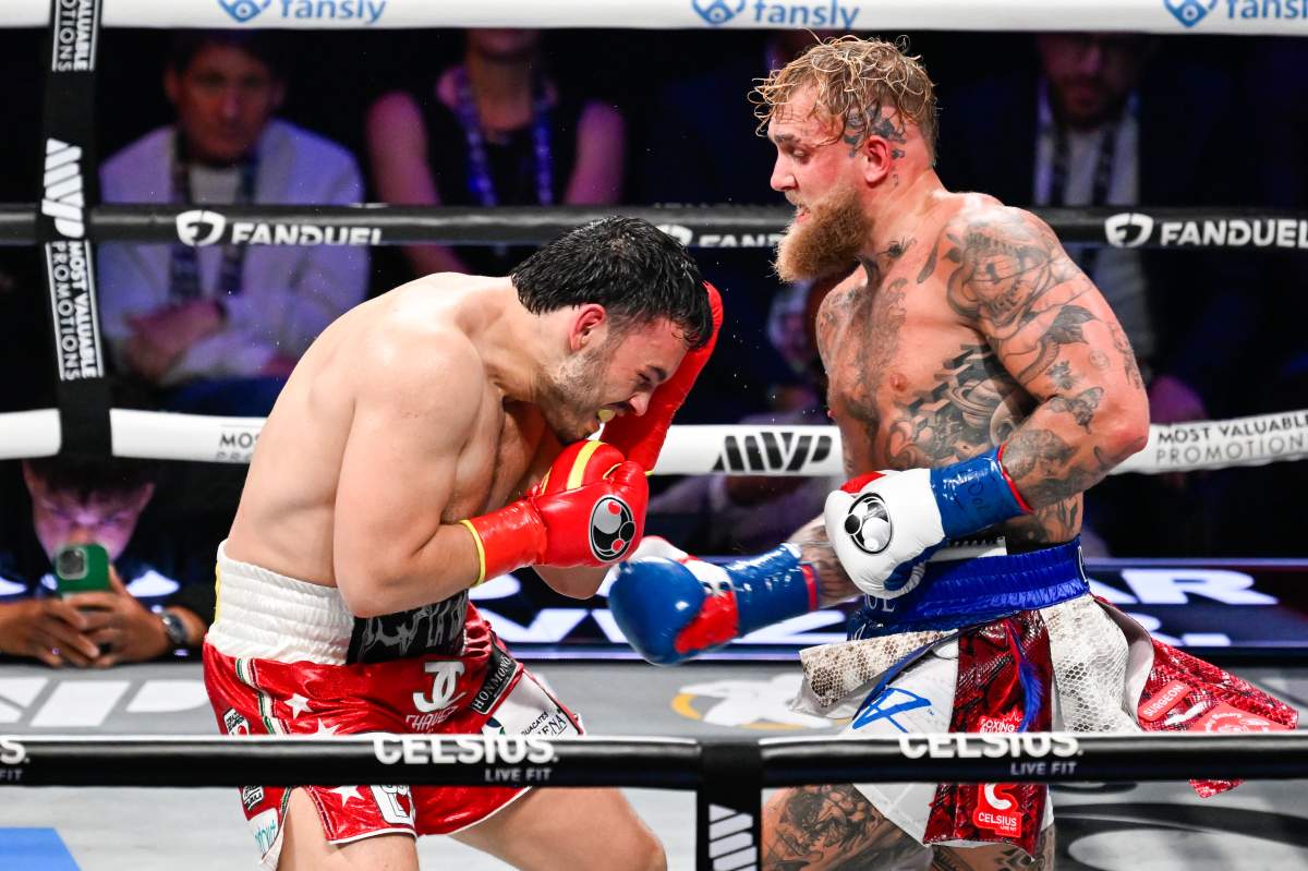 Jake Paul and Julio Cesar Chavez Jr. exchange punches during their cruiserweight bout of the Premiere Boxing Championship on Saturday night at Honda Center in Anaheim of Los Angeles County, California United States on June 28, 2025.
