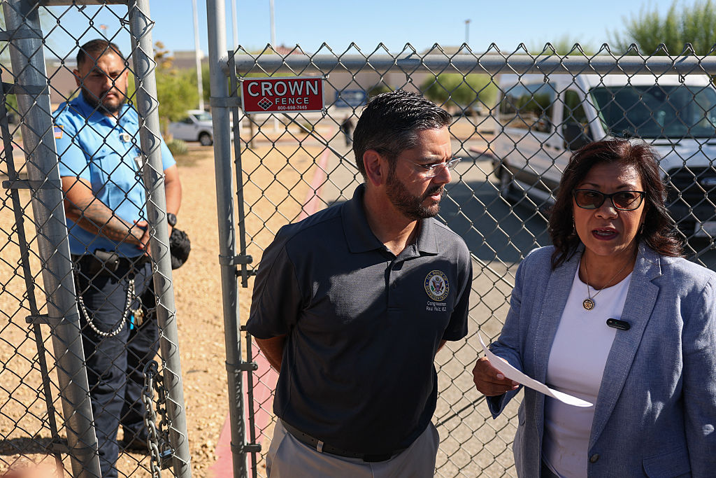 Rep. Raul Ruiz (D-CA) and Rep. Norma Torres (D-CA) are denied entry for a congressional oversight visit to the GEO Group Adelanto ICE Processing Center detention facility in Adelanto, California on July 11, 2025.