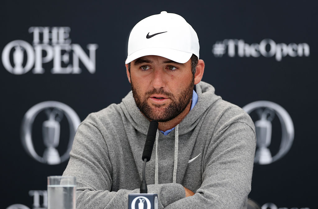 Scottie Scheffler of the United States speaks to the media during a press conference prior to The 153rd Open Championship at Royal Portrush Golf Club on July 15, 2025 in Portrush, Northern Ireland.