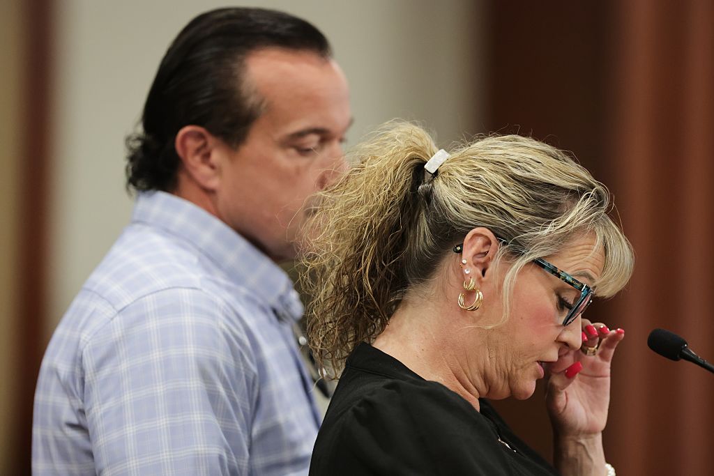 Parents of victim Kaylee Goncalves, Steve Goncalves consoles Kristi Goncalves as she speaks at the sentencing hearing of Bryan Kohberger at the Ada County Courthouse on July 23, 2025 in Boise, Idaho. Kohberger pleaded guilty in exchange for being spared the death penalty for the stabbing of four University of Idaho students nearly three years ago.