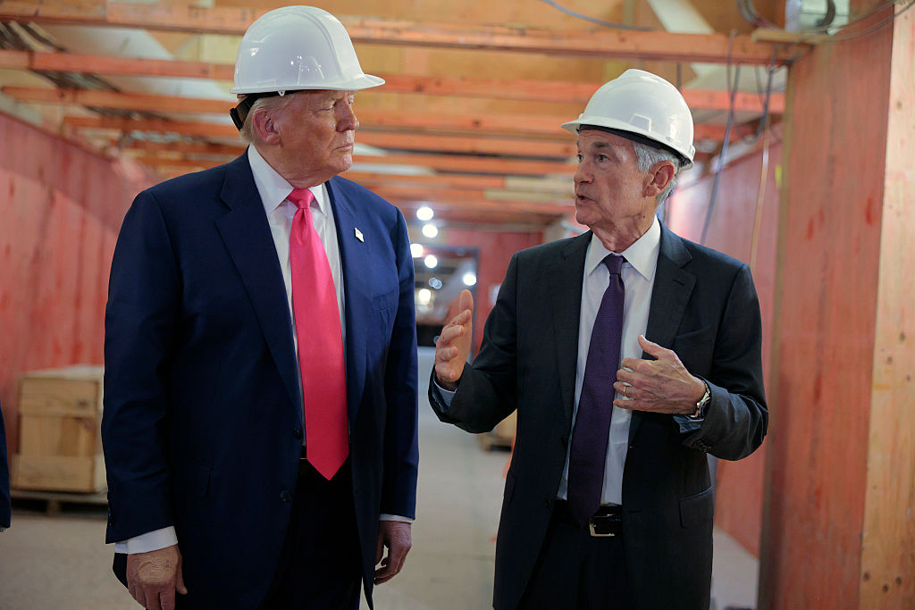 President Donald Trump and Federal Reserve Chair Jerome Powell tour the Federal Reserve’s $2.5-billion headquarters renovation project on July 24, 2025, in Washington, D.C.