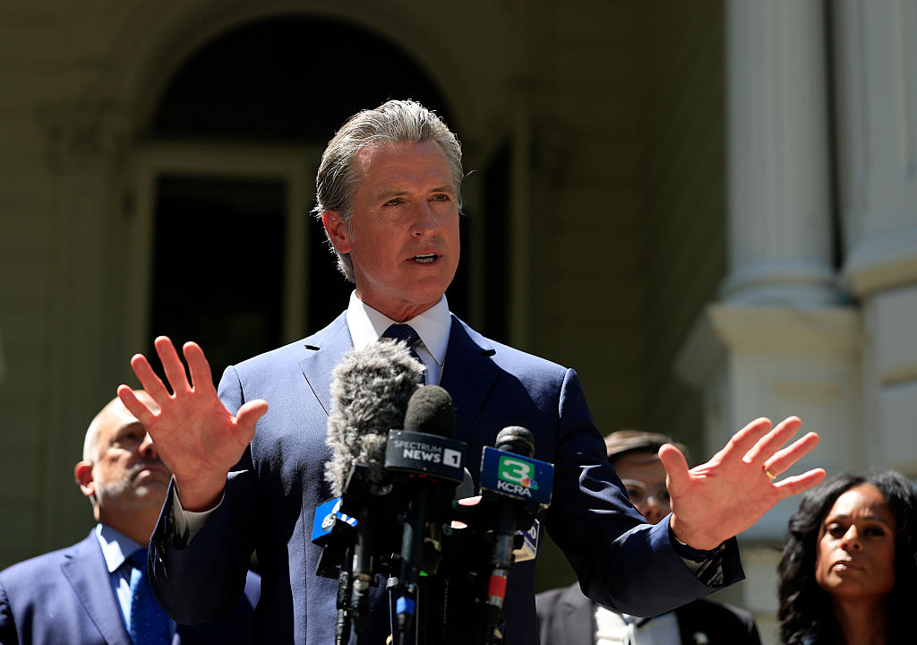 California Gov. Gavin Newsom speaks during a news conference with Texas lawmakers at the Governor’s Mansion on July 25, 2025 in Sacramento, California.