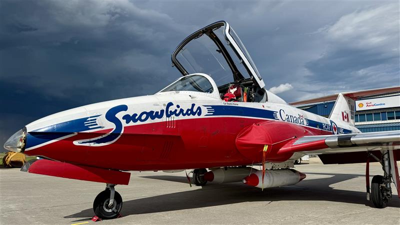 A Canadian Forces Snowbird parked at the tarmac at the Edmonton International Airport on July 24, 2025.
