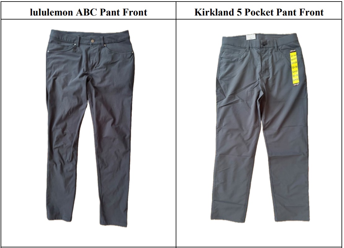 A graphic from Lululemon’s lawsuit against Costco shows its men’s ABC pants compared to a version by Costco’s Kirkland branded pants (Credit: Lululemon court filings)