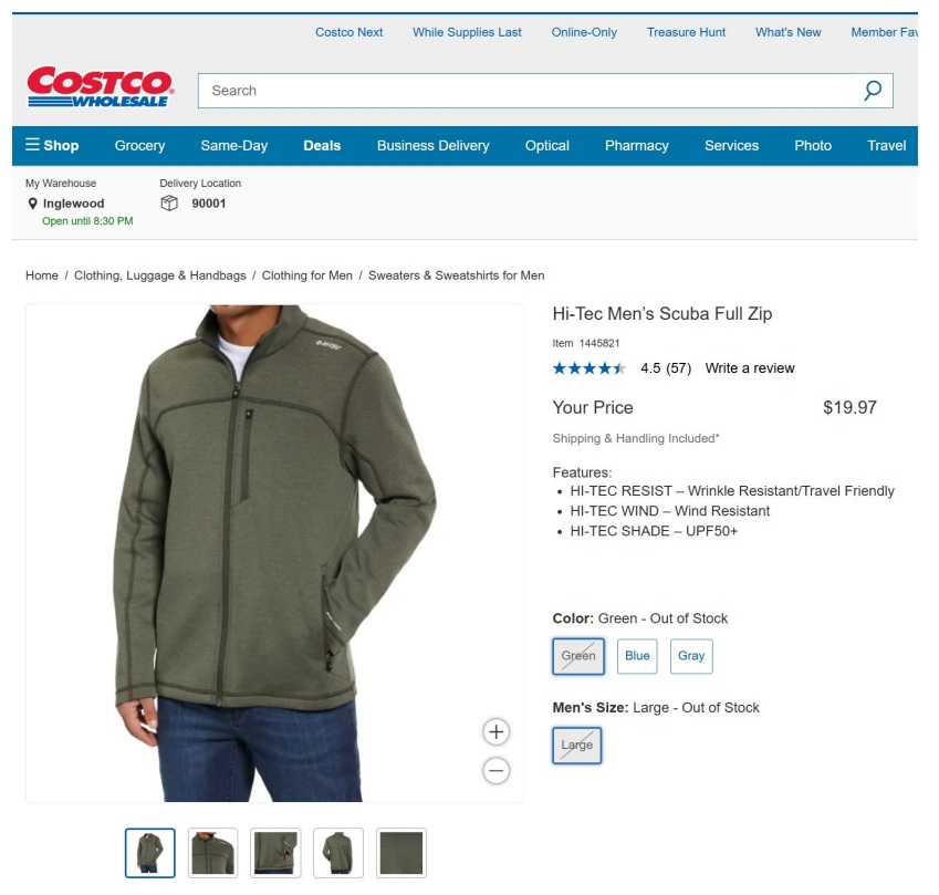 An image from Lululemon’s lawsuit against Costco features a screenshot from the company’s website with an example of what it alleges is design and copyright infringement of it’s “SCUBA” line. (Credit: Lululemon court filings)