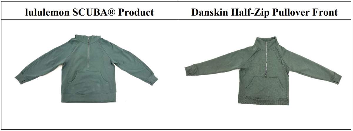 A comparative graphic shows Lululemon’s SCUBA product next to Costco’s Danskin brand version from Lululemon’s lawsuit filed against Costco alleging infringement of its designs and marketing terms (Credit: Lululemon court filings)