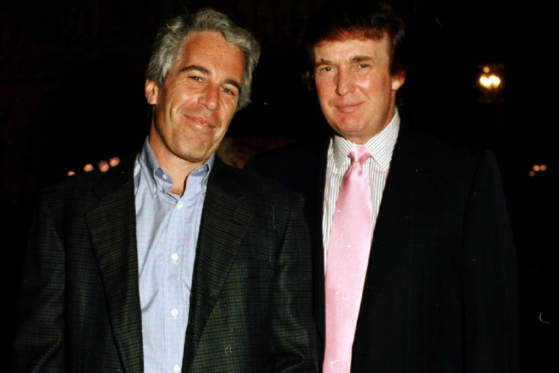Portrait of American financier Jeffrey Epstein (left) and Donald Trump as they pose together at the Mar-a-Lago estate, Palm Beach, Florida, 1997.