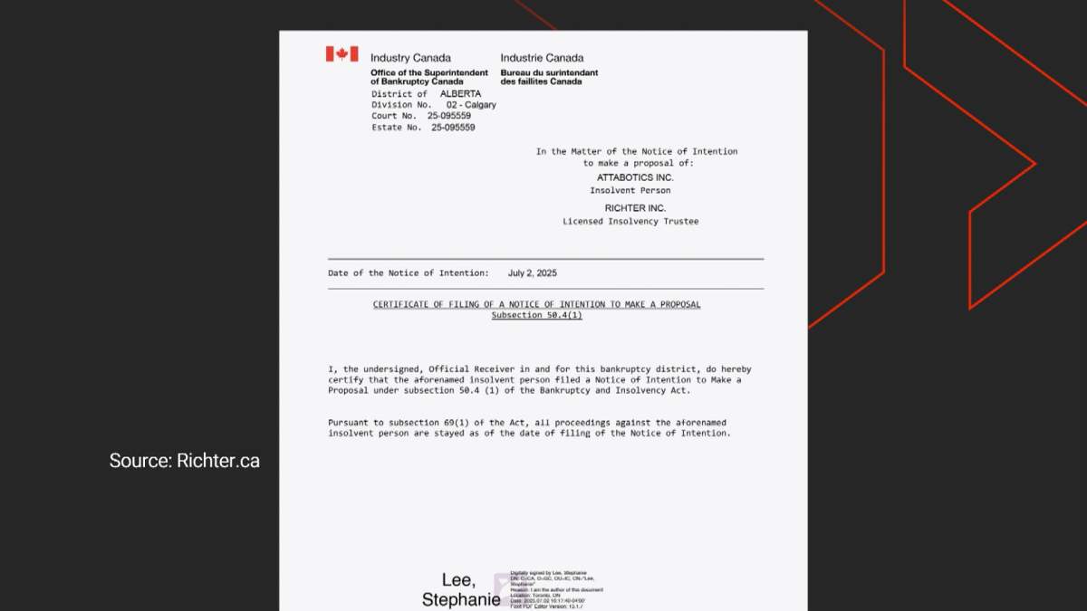 Industry Canada confirmed to Global News that it has received Attabotics notice that it intends to file for bankruptcy.