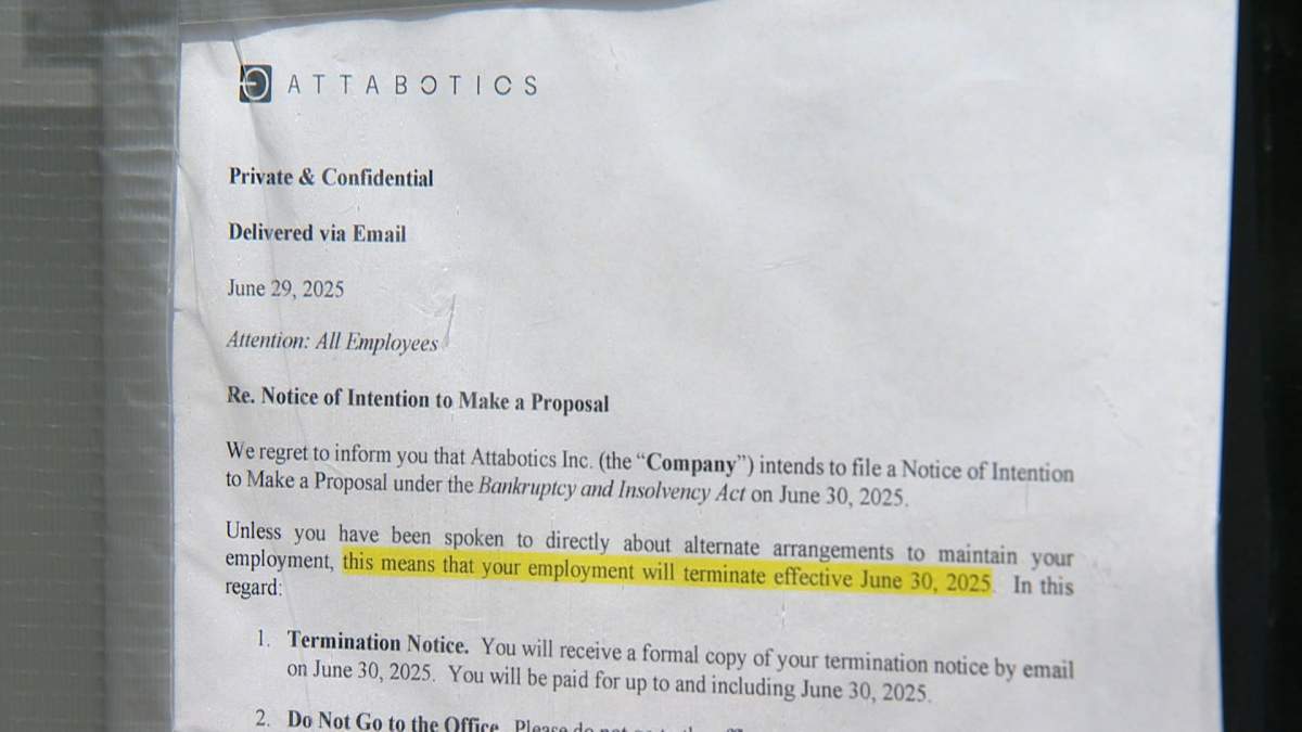 A notice posted on the door of Attabotics headquarters in northeast Calgary tells employees they will be getting "termination" notice and "do not go into the office."