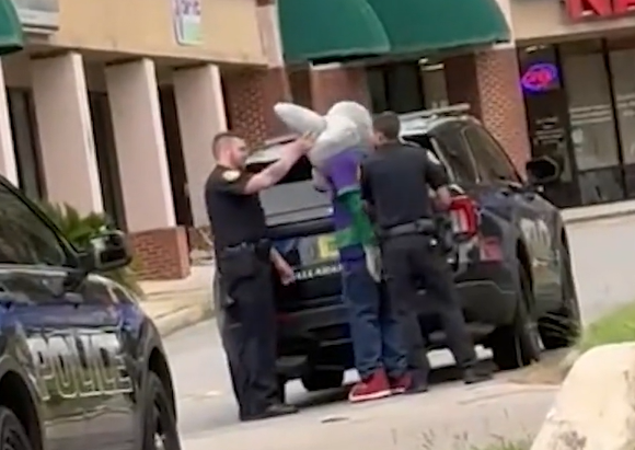Tallahassee police are shown escorting a Chuck E. Cheese mascot out of the restaurant while making an arrest.