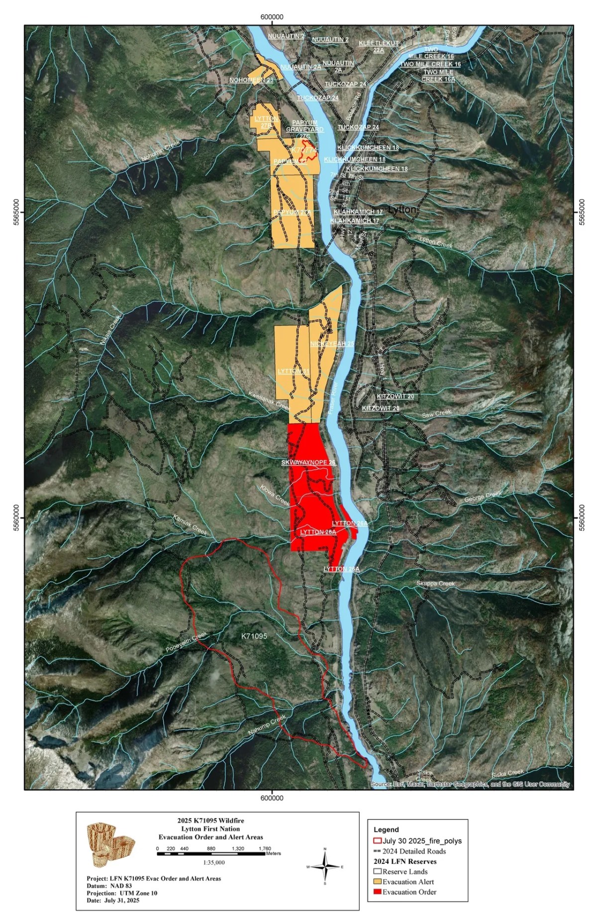 A map showing Lytton First Nation evacuation orders and alerts as of 8 a.m. Thursday, July 31.