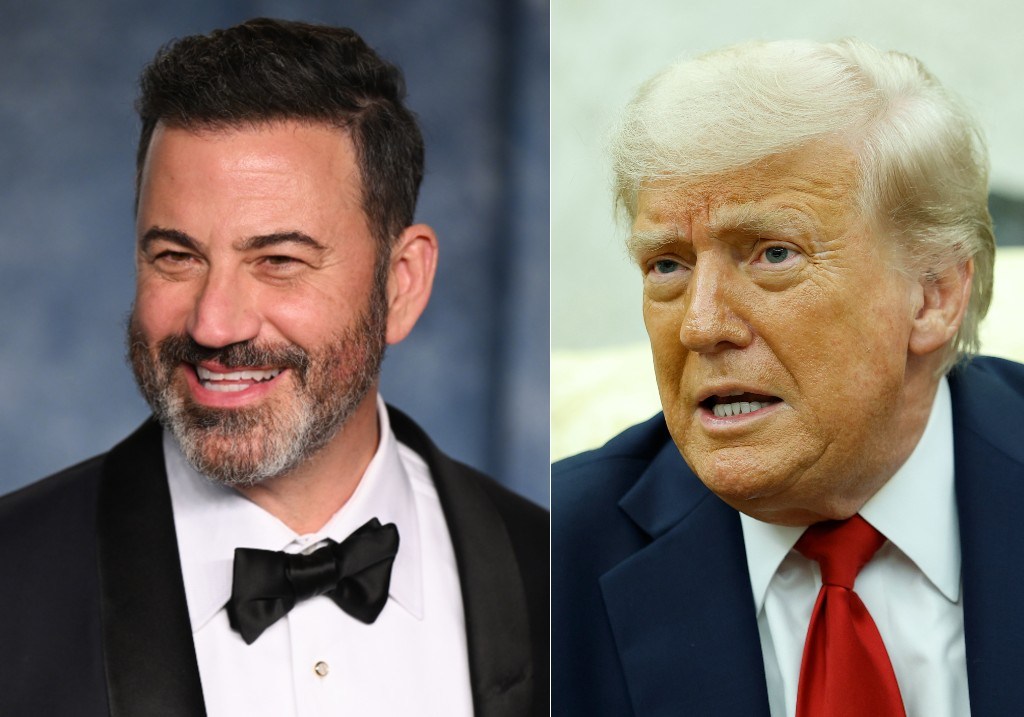 (L-R:) Jimmy Kimmel attends the 2023 Vanity Fair Oscar Party and U.S. President Donald Trump delivers remarks during a meeting with NATO Secretary General Mark Rutte in the Oval Office at the White House on July 14, 2025.