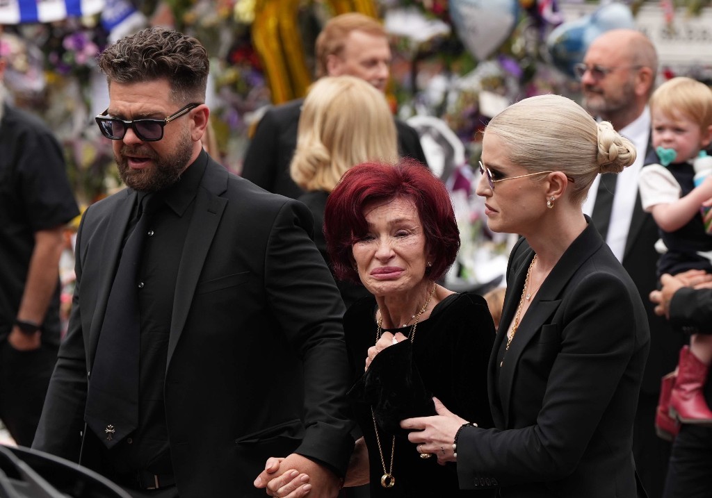 Sharon Osbourne, wife of Ozzy Osbourne, attends the funeral as the funeral cortege of Ozzy Osbourne arrives at the Black Sabbath Bridge bench in Birmingham, United Kingdom on July 30, 2025.