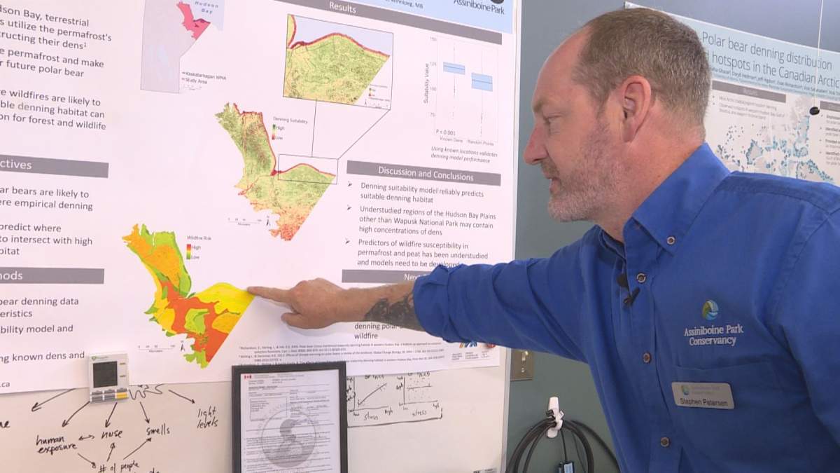 Stephen Petersen, the director of conservation and research, points to a map showing the level of wildfire risk near polar bear denning areas.