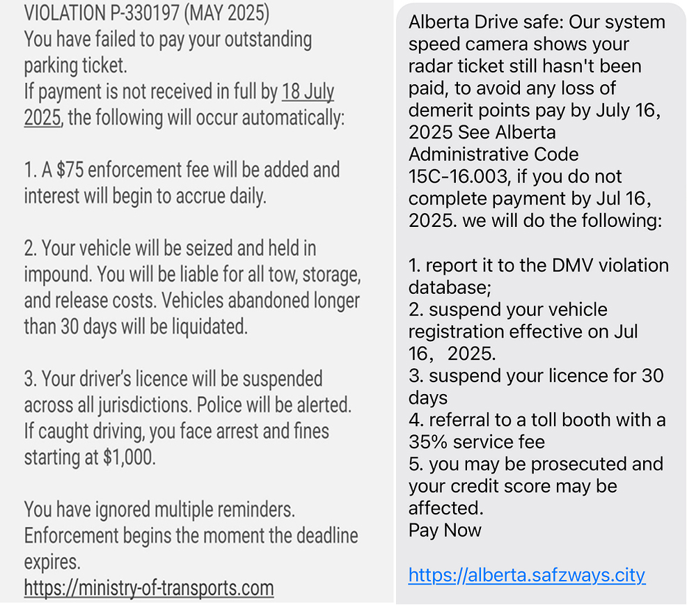 Calgary police say the text message scam seeks payment for fake parking or photo radar tickets.