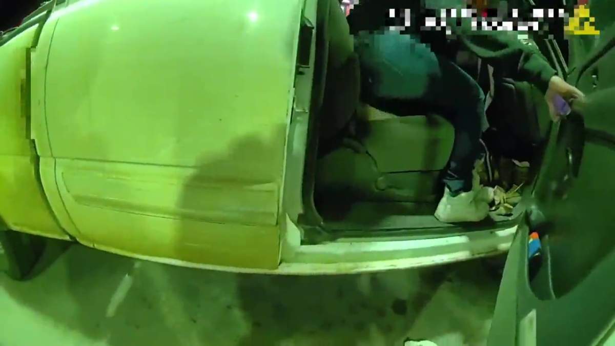 RCMP body-worn camera video shows how an arrest in Gibbons on July 29, 2025 led to an RCMP officer from Morinville having to jump into a moving vehicle and seize the keys from suspects trying to flee in a stolen truck.