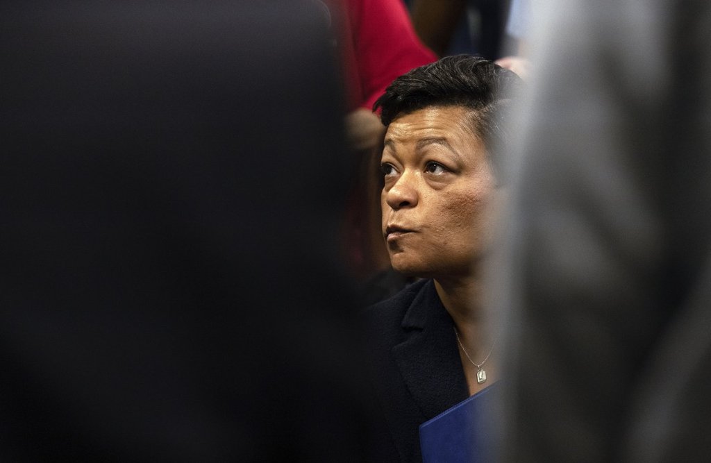 FILE - New Orleans Mayor LaToya Cantrell listens during a meeting after Hurricane Francine at New Orleans International Airport, Sept. 13, 2024, in Kenner, La. (Hilary Scheinuk/The Advocate via AP, Pool, File).