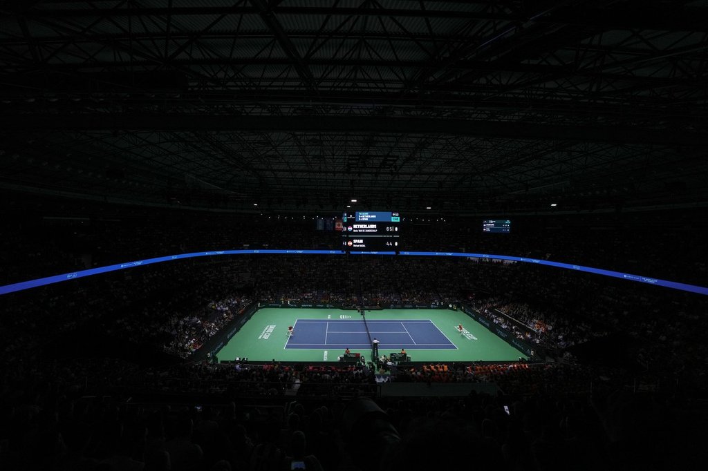 A general view of the match between Spain's tennis player Rafael Nadal and Netherlands' Botic Van De Zandschulp during a Davis Cup quarterfinal match at Martin Carpena Sports Hall in Malaga, southern Spain, on Tuesday, Nov. 19, 2024.