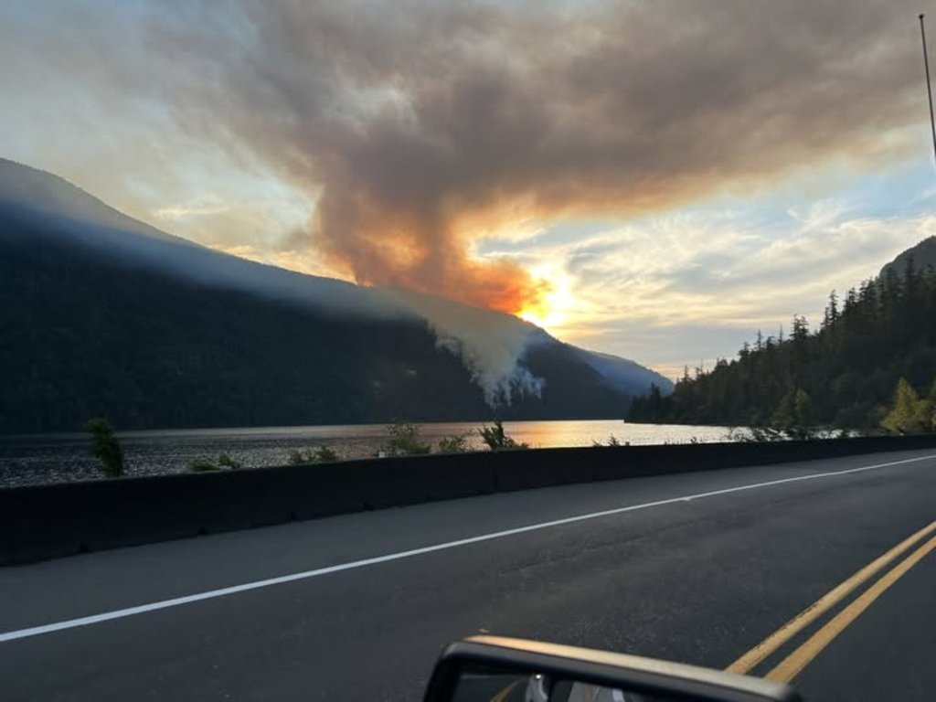 The Wesley Ridge wildfire is 0.9 square kilometres in size and located on the opposite side of Cameron Lake from Highway 4 is shown in this B.C. Wildfire Service handout photo. 