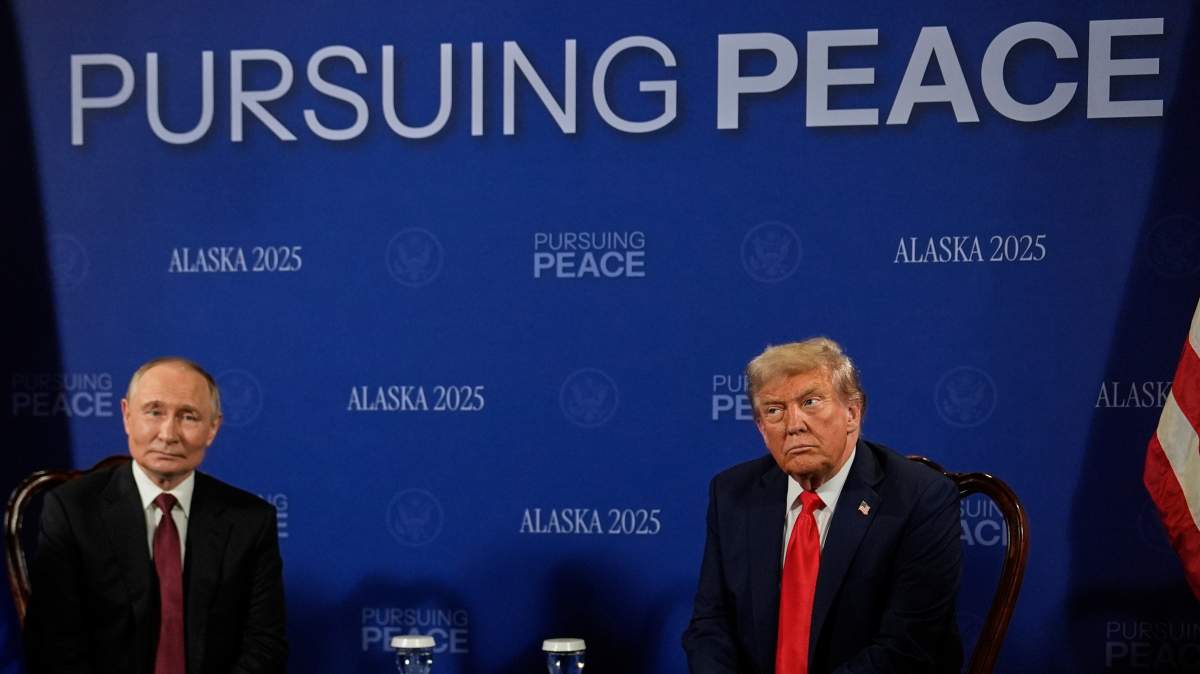 President Donald Trump meets with Russia’s President Vladimir Putin Friday, Aug. 15, 2025, at Joint Base Elmendorf-Richardson, Alaska. (AP Photo/Julia Demaree Nikhinson)