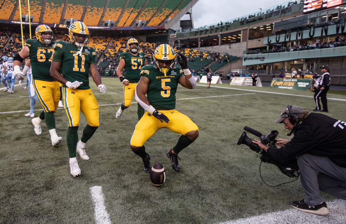 Edmonton Elks' Justin Rankin (5) celebrates a touchdown against the Toronto Argonauts during first half CFL action in Edmonton, on Friday August 15, 2025.