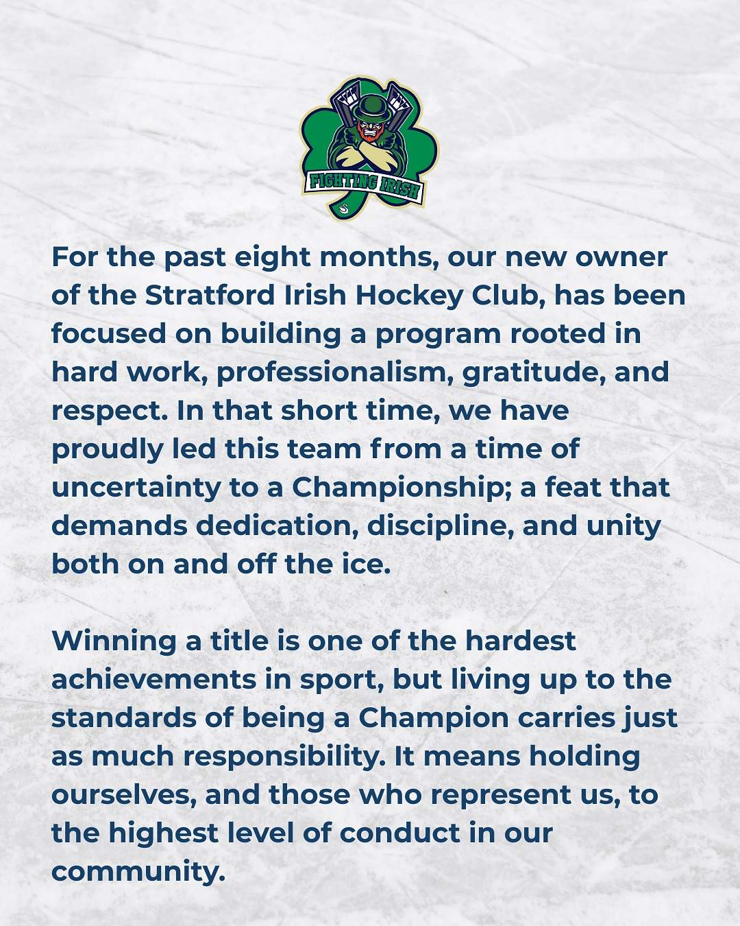 A written statement with the Stratford Fighting Irish logo at the top.