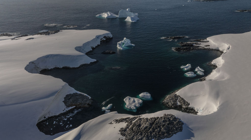 An aerial view of Dismal Island as the 9th National Antarctic Science Expedition team heads towards Dismal Island, located in the part of Adelaide Island that opens into the Southern Ocean in Antarctica on Feb. 14, 2025.