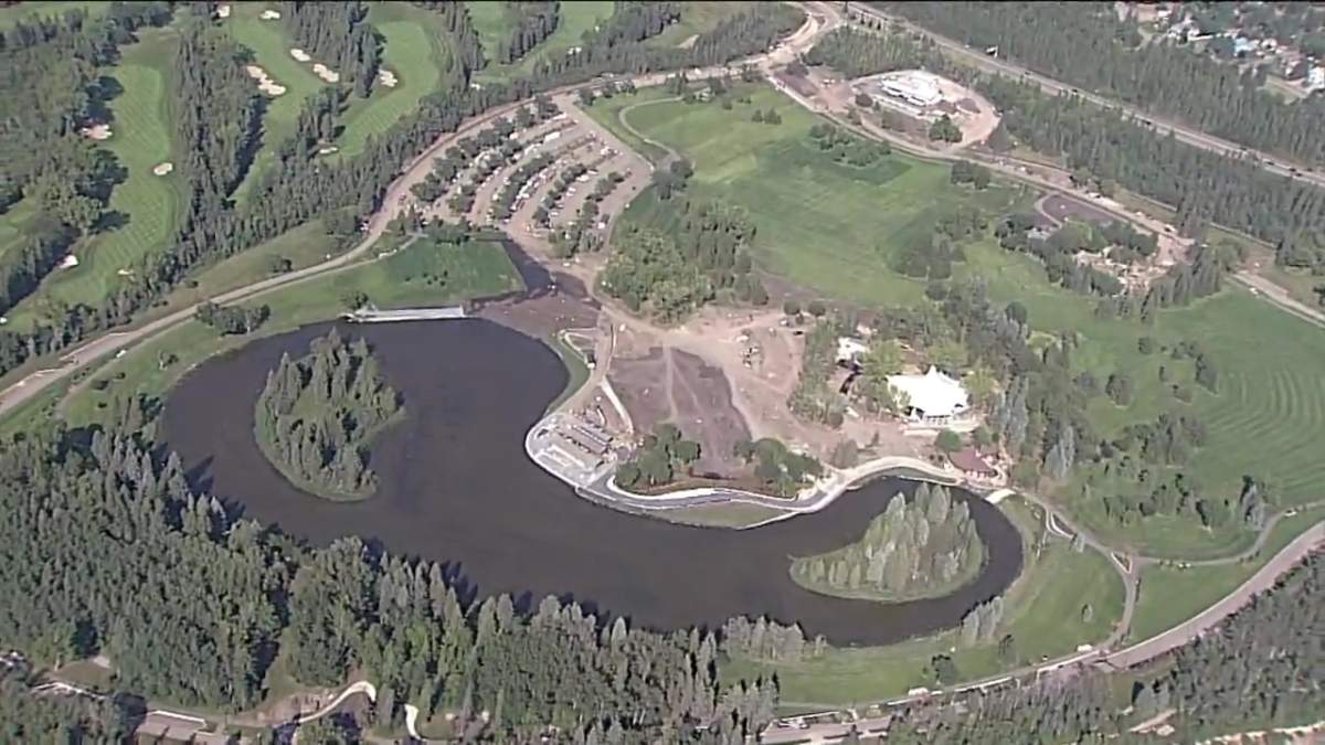 Aerials from Friday, Aug. 1, 2025 showing construction is nearly complete at Hawrelak Park in Edmonton's river valley.