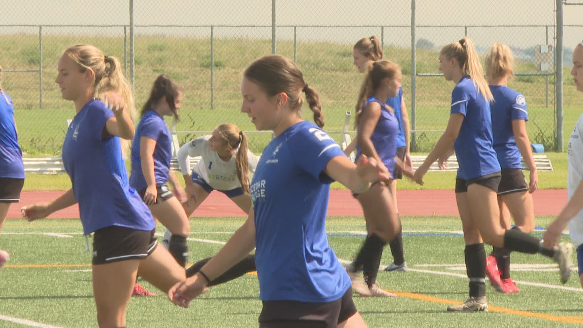 University of Lethbridge Pronghorns women's soccer team players practice on Aug. 29, 2025.
