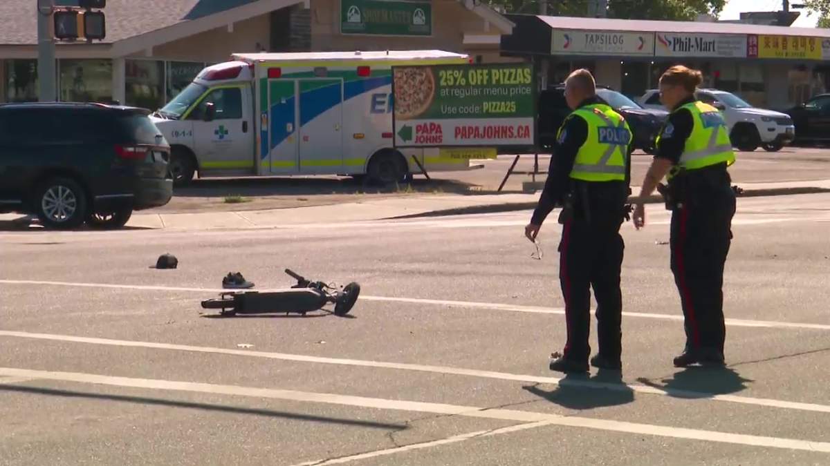 A vehicle and e-scooter collided in the intersection of 51 Avenue and 106 Street in south Edmonton on July 31, 2025.