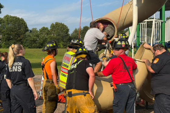 Firefighters in Connecticut rescue a 40-year-old man who became wedged inside a children's slide.