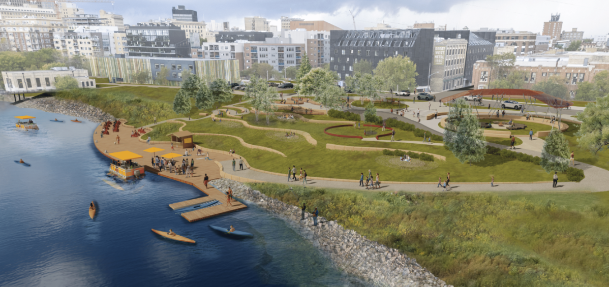 An artist’s rendering of the reimagined Alexander Docks site.