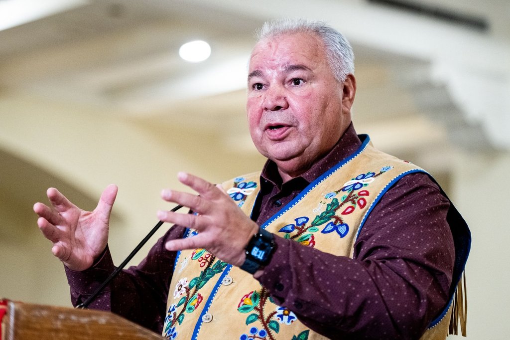 Manitoba Métis Federation president David Chartrand speaks during a press conference ahead of a meeting on the federal government's major projects legislation in Ottawa on Wednesday, Aug. 6, 2025.